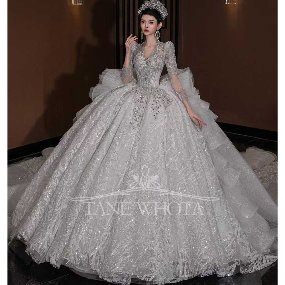 Embroidery Organza - Luxuriöses Brautkleid mit V-Ausschnitt, langen Ärmeln,
