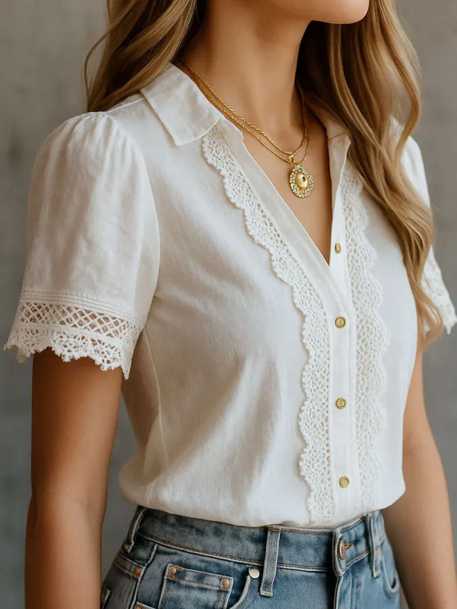 Embroidery Class - Elegante Damenblusen, lässig, einfarbig, mit Revers,