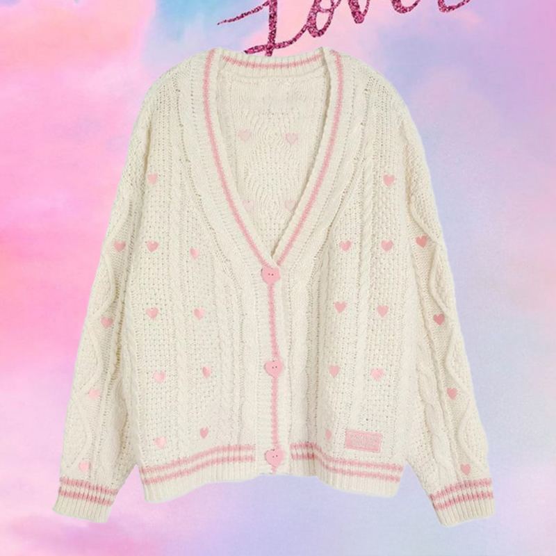 Embroidery Patches - Liebhaber-Cardigan mit rosa Herzknopf-Stickerei-Patch, weicher Strickpullover,