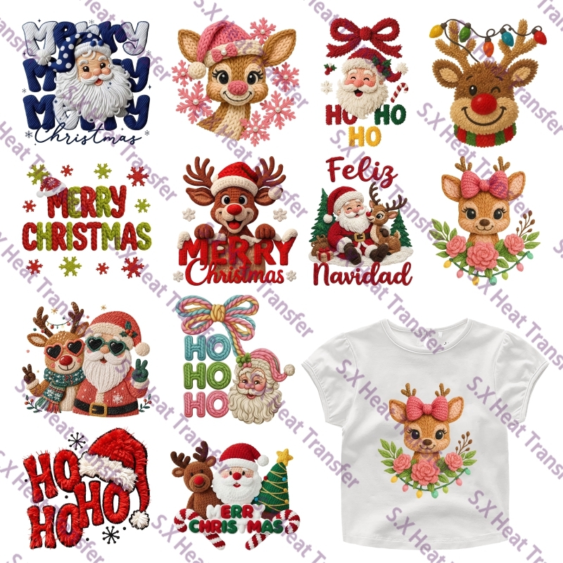 Embroidery Effect - Künstliche Stickerei-Effekt DTF Wärmeübertragungsaufkleber Niedliche Weihnachtsmann-Rentier
