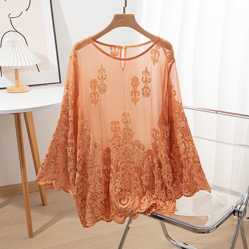 Embroidery Class - 100% Maulbeerseide Damen Langarmbluse Orange Stickerei