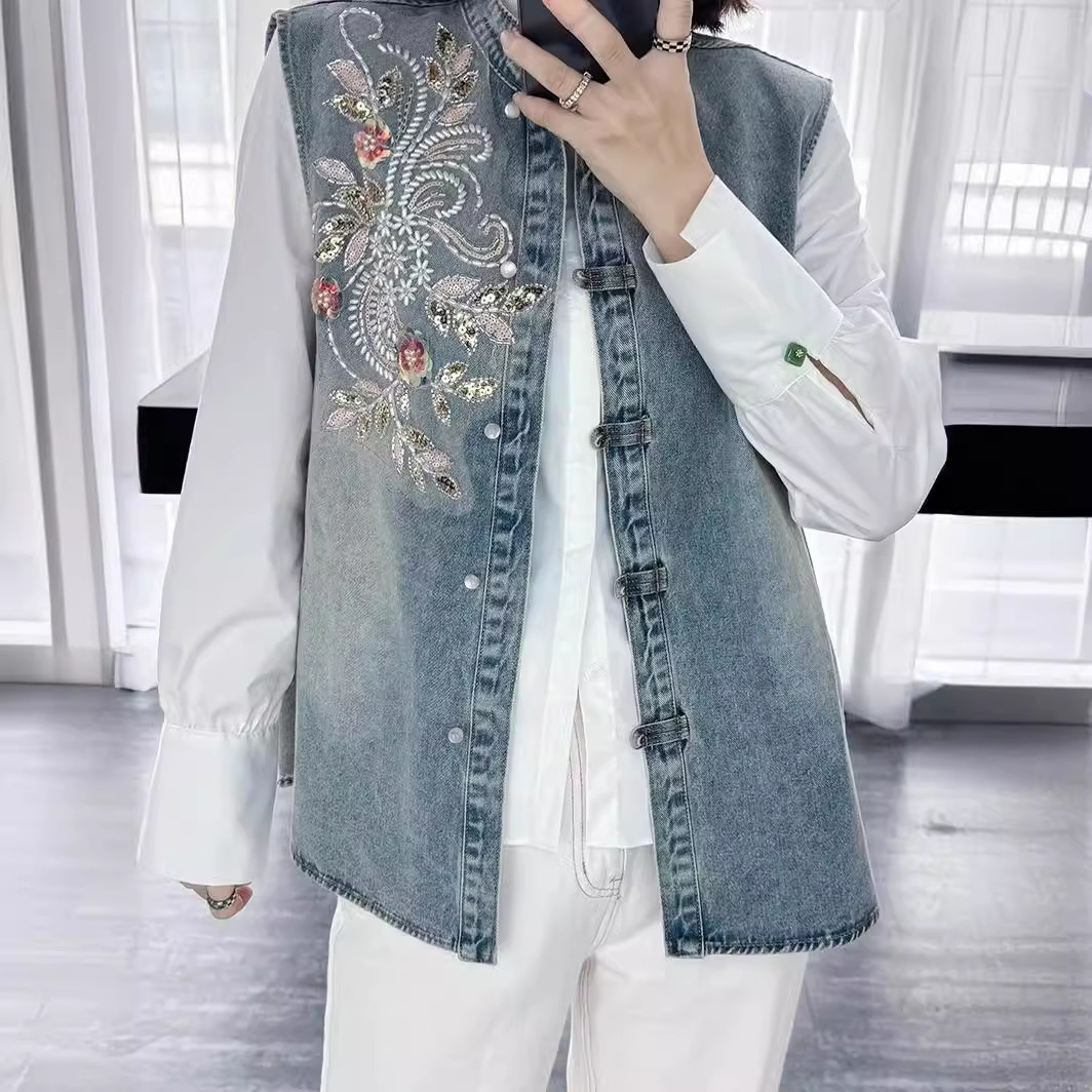 Embroidery Jacket Jeans - Denim Mäntel Frauen Westen Mantel Rundhals
