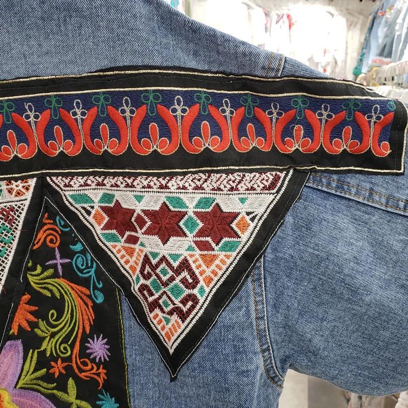 Embroidery Jacket Jeans - Vintage Blau Stickerei Pailletten Quasten Denim