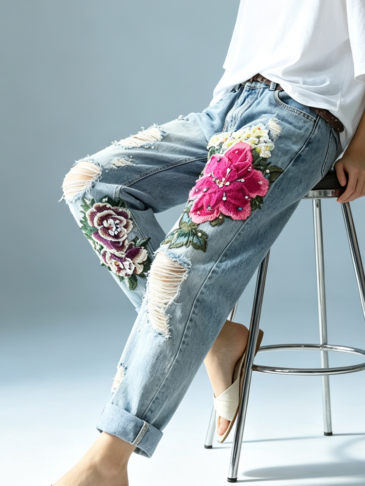 Damen Vintage Distressed Jeans – Embroidery Effect Bewertung und Preis